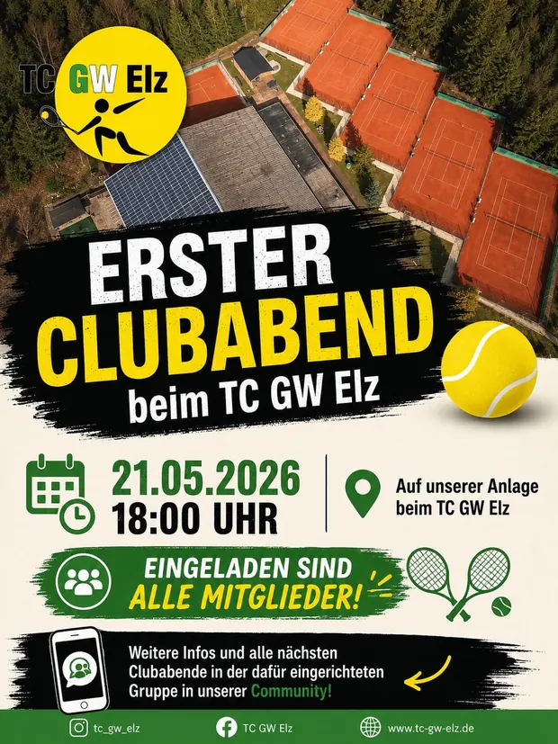 Aushang zum ersten Clubabend des TC Grün-Weiß Elz am 21. Mai 2026.
