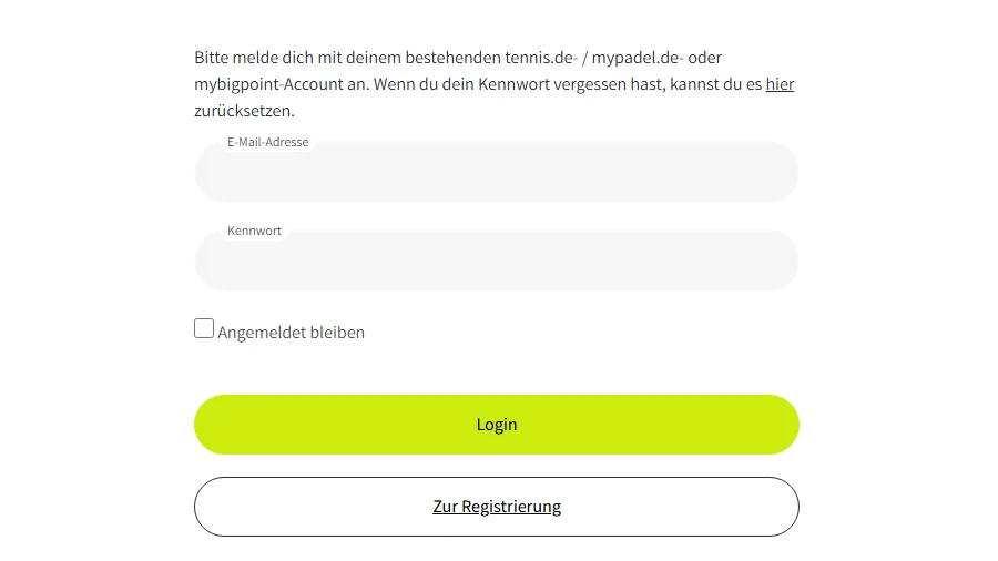 Anmeldemaske von tennis.de mit den Feldern für E-Mail-Adresse und Kennwort sowie den Schaltflächen Login und Zur Registrierung.